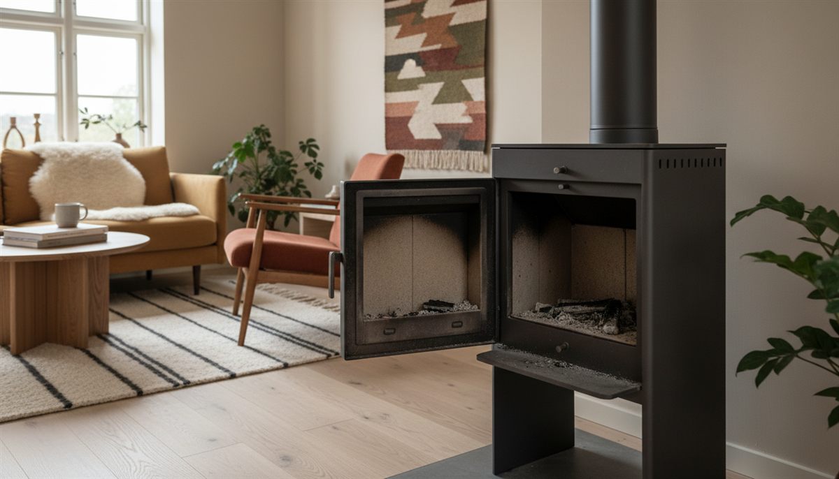 Brændeovn med låge åben og et tyndt lag kold aske i bunden